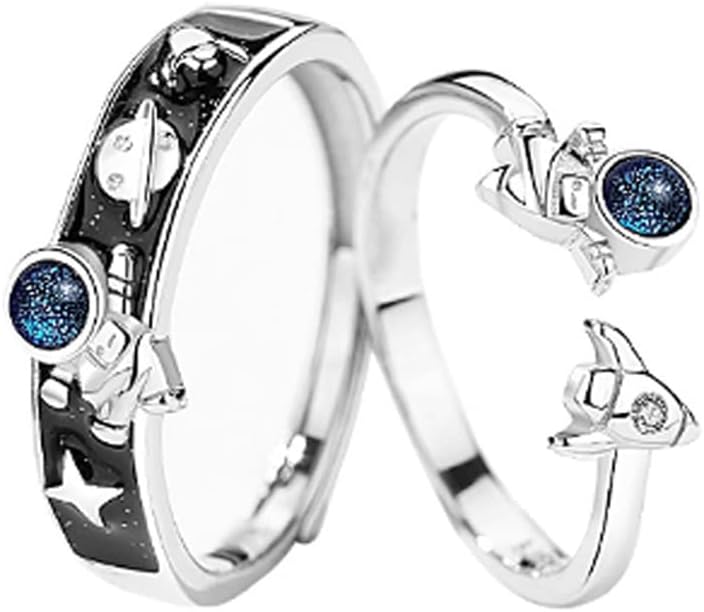 OIDIMS Astronaut Matching Promise Rings for Couples Engagement Wedding Open Ring Band Sets for Him and Her Planet Star Spaceship Universe CZ Crystal Jewelry Gift for Girlfriend Boyfriend Valentine's Day - Image 1